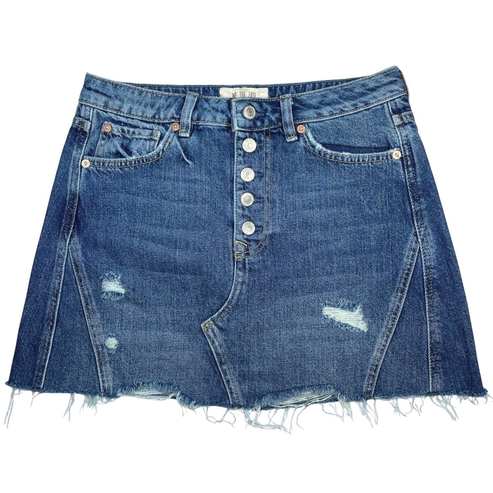 Free People Denim Mini Skirt We The Free Sz 28 Medium Fray Hem Button Front